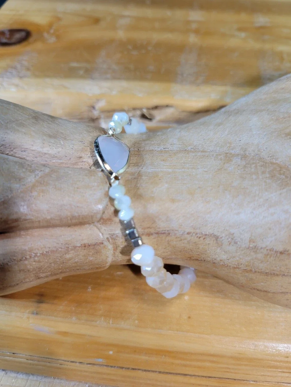Handmade Peach & White Opal Glass Beaded Stretch Bracelet - One Size Fits Most